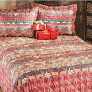 Fall Winter Lodge Deer Cabin 3 PIECE QUILT SET Deer, Trees, Fish Full/Queen